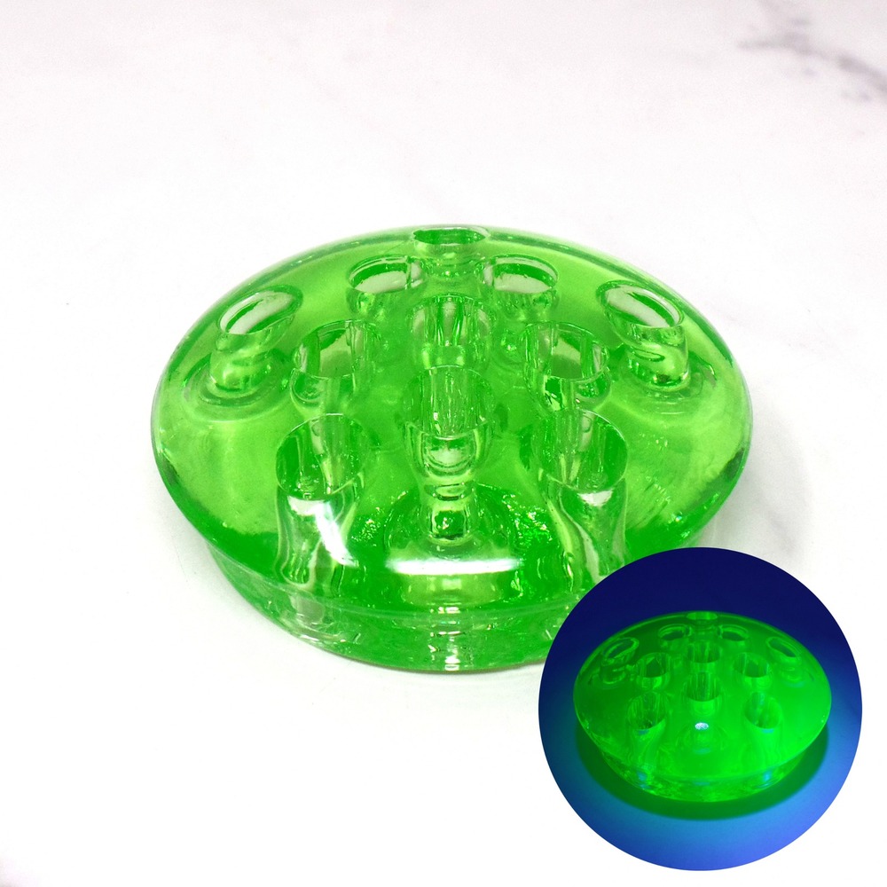 Vintage Uranium Glass Flower Frog, 3.5 Inch, Green, 11-Hole UV Reactive Glass